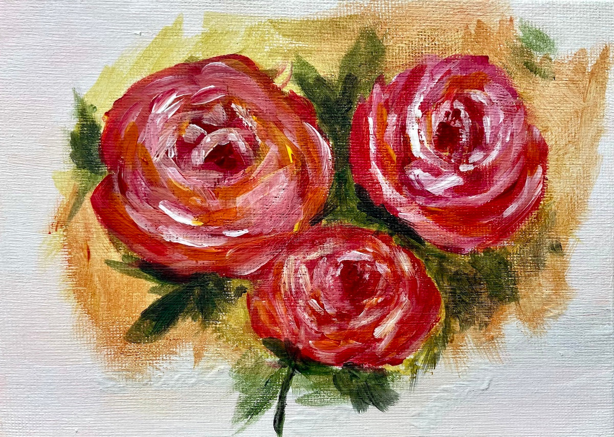 Painting of three red roses on a textured surface